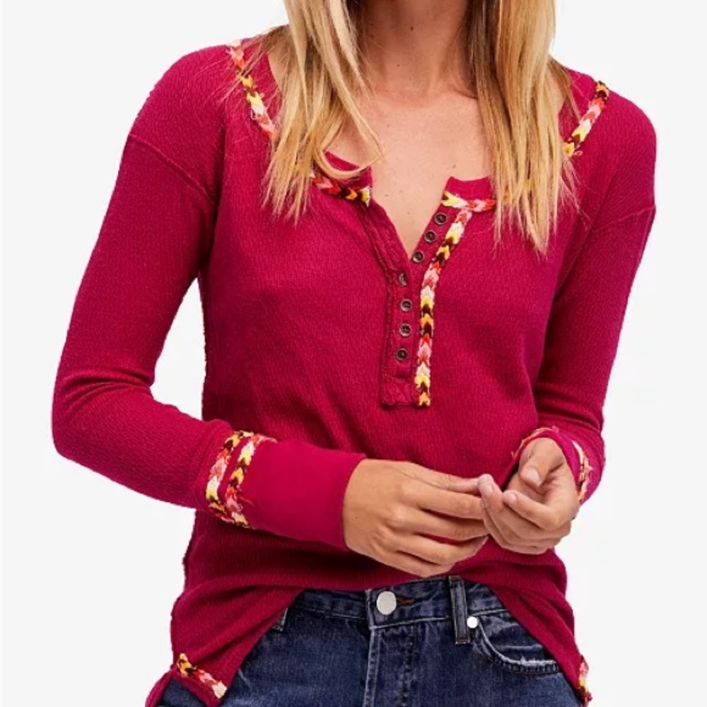 Free People We the Free embroidered thermal henley top in pink fuchsia